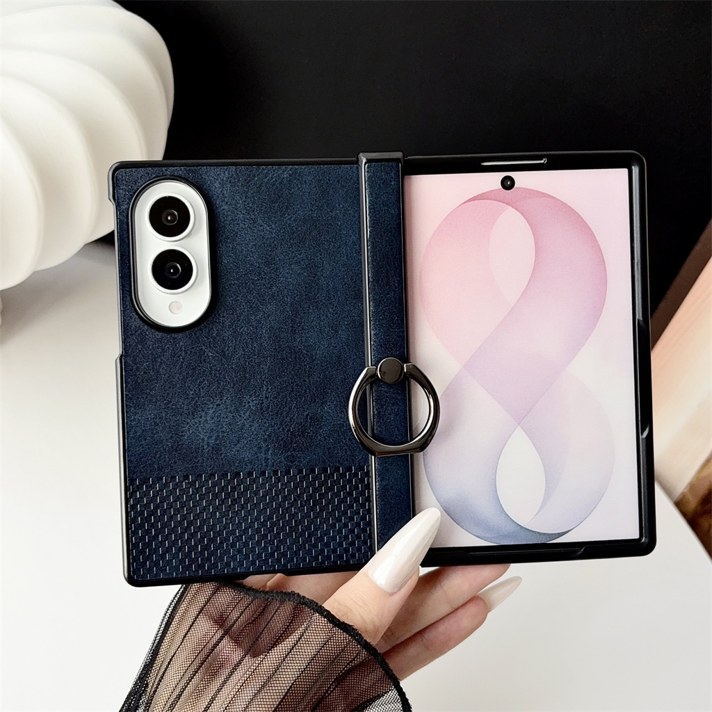 Phone Accessories Ring Holder - Samsung Galaxy Z Fold 8 Ultra用ヒンジ完全保護レザーフォンケース、リングホルダー付き、織りテクスチャ、耐衝撃ハードシェルカバー