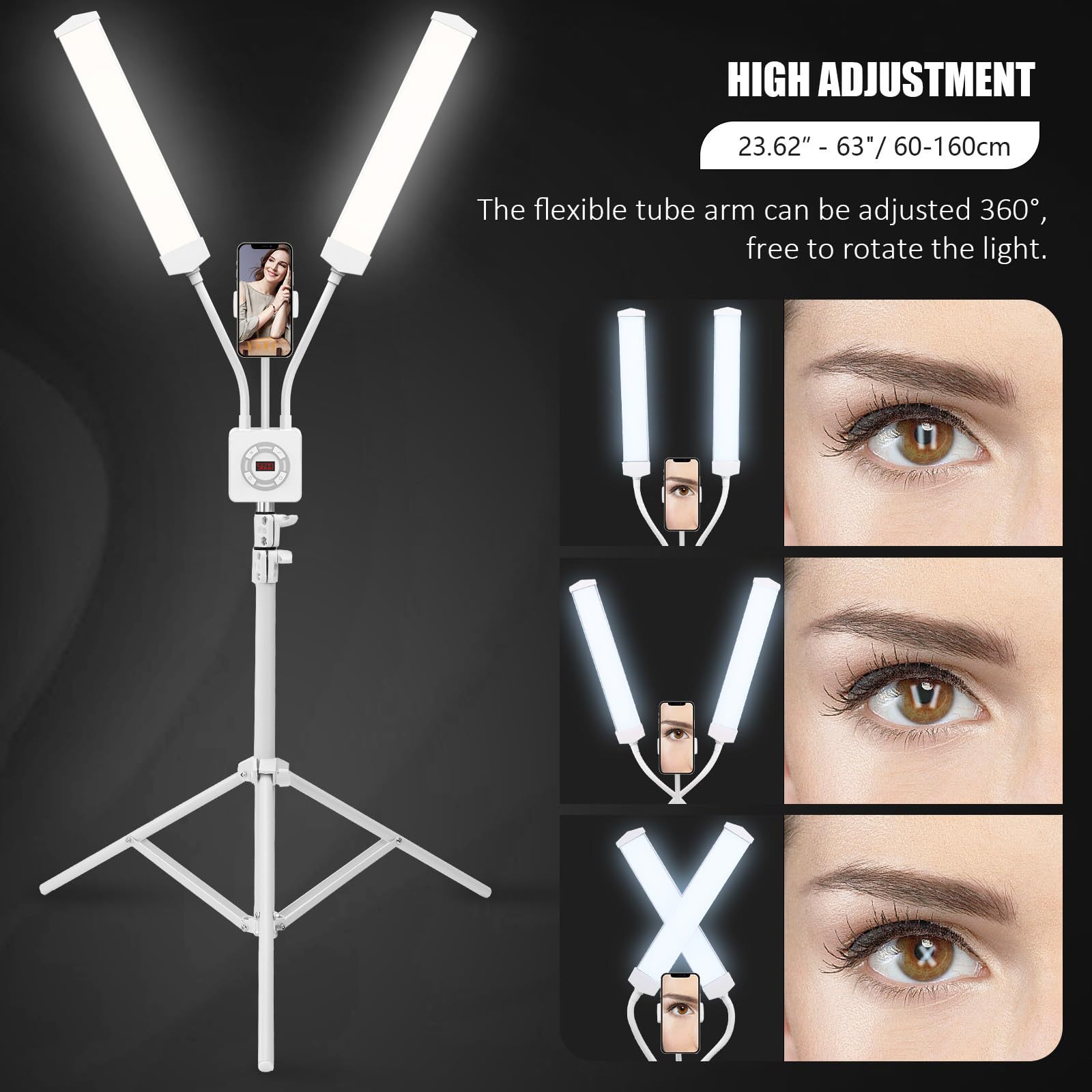 Led Strip Selfie - 50WダブルアームLEDフィルライト写真スタジオロングストリップLEDリングランプ、1.6M三脚LCDスクリーン付き、3200-5600K写真撮影用自撮り